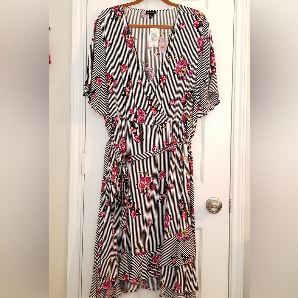Floral black & white striped dress